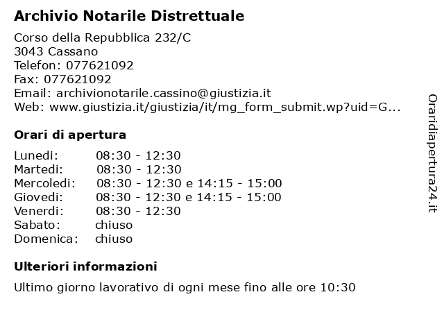 Orari di apertura Archivio Notarile Distrettuale Corso